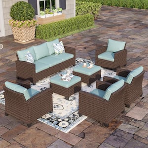 Dark Brown Rattan Wicker 9 Seat 7-Piece Steel Outdoor Patio Conversation Set with Blue Cushions and 2 Ottomans