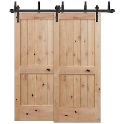 72 in. x 80 in. Bypass Rustic Unf 2-Panel V-Groove Solid Core Knotty Alder Sliding Barn Door w/ Bronze Hardware Kit
