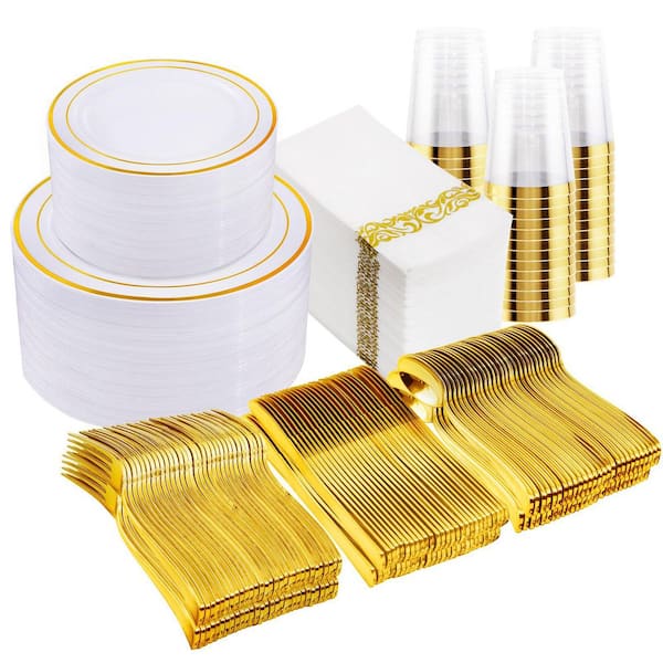 700-Piece Clear Dinnerware Set with Gold Trim for 100 Guests, Includes Plates, Cups, and Napkins in Set