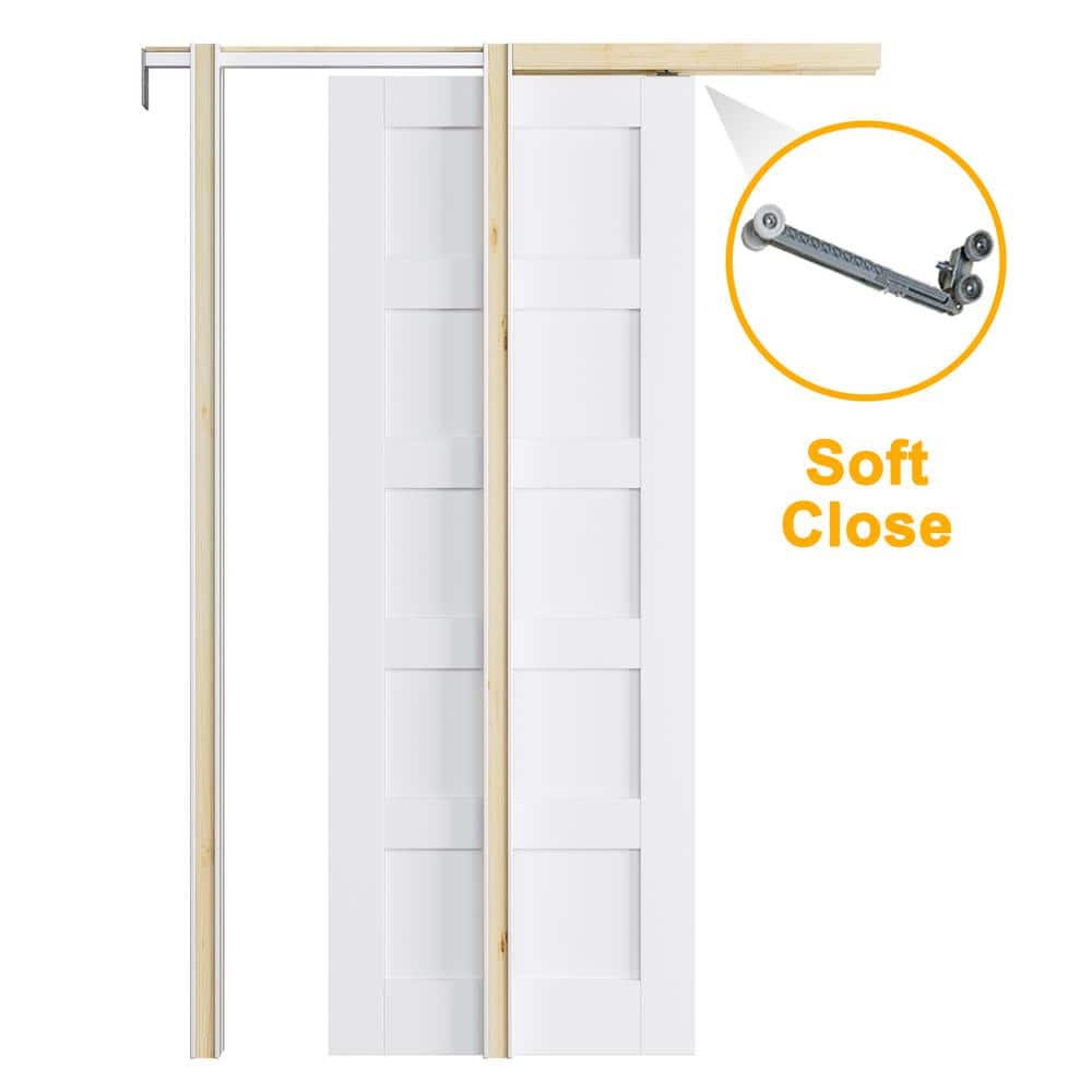 36 in. x 80 in. White Primed 5-Paneled Solid Core Wood Pocket Door with Pocket Door Frame, Hardware and Soft Close price history on PriceWatchPro