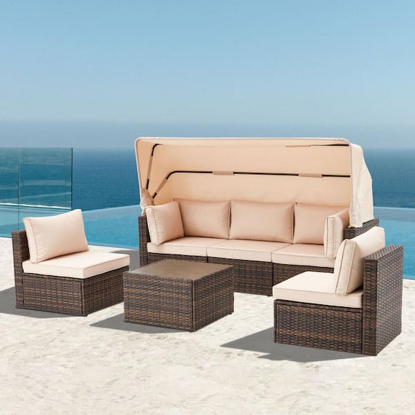 Sudzendf Brown 6-Piece Wicker Outdoor Patio Conversation Set with Khaki Cushions, Adjustable Canopy and Backrest