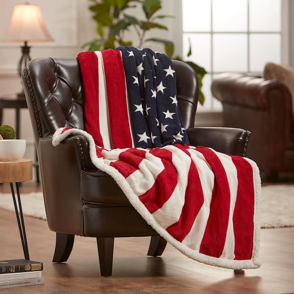 CHANASYA Patriotic US Flag Print Red Reversible Sherpa Polyester Throw Bed Blanket - Queen