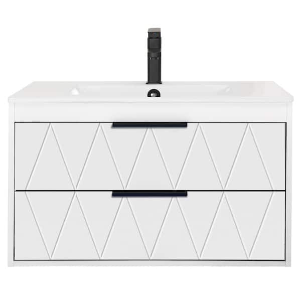 30 in. W x 18.1 in. D x 18.1 in. H Single Sink Floating White Bath Vanity with White Resin Top and Drain Faucet Set