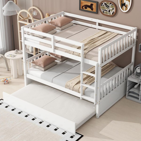 White Full Over Full Size Bunk Bed with Twin Trundle and Guardrails