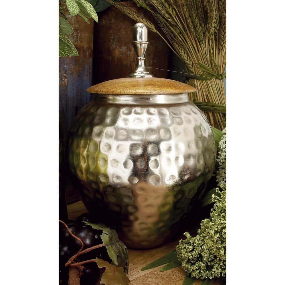 Tarnished Silver and Wood Abstract Decorative Jar 8" x 12"