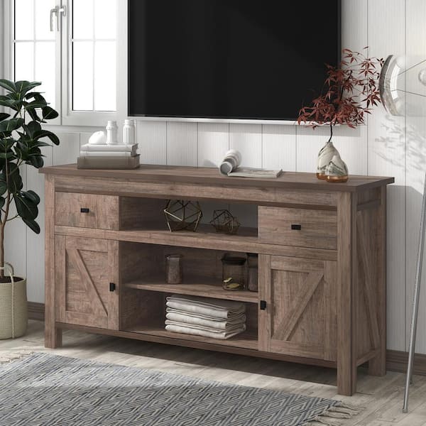 GODEER 57.90 in. Antique Grey TV Stand with 2-Drawers Fits TV's up to 65 in. with Open Style Shelves Sliding Doors