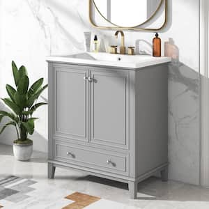 30 in. W x 18 in. D x 35 in. H Single Sink Freestanding Bath Vanity in Grey with White Ceramic Top