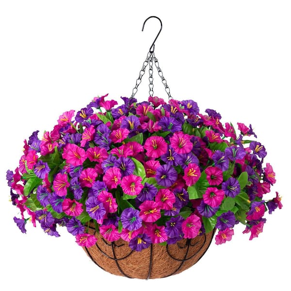 Unbranded 20.5 in Dark Purple Purple-red Hanging Flowers Outdoor Artificial Silk Petunia Flower Arrangement
