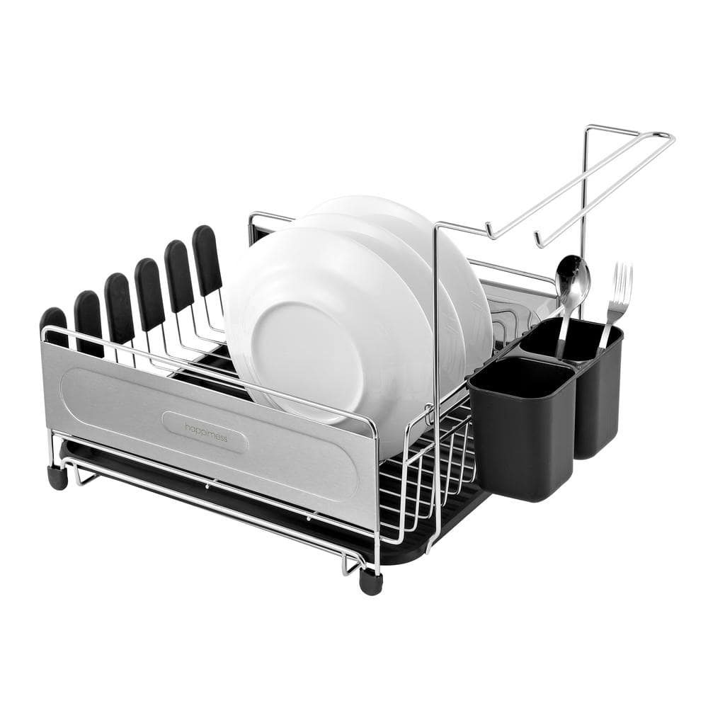 Compact Stainless Steel Dish Rack with Utensil Cup and Wine Glass Holder