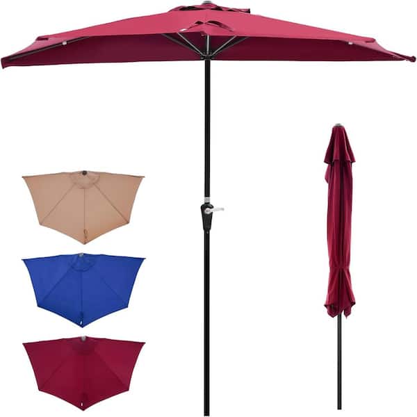 9 ft. Scalloped Patio Half Beach Umbrella with Easy Crank, Sun Umbrella for Garden in Wine Red