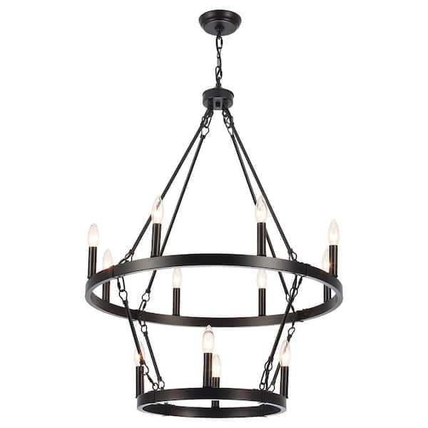 12-Light 2-Tier Black Farmhouse Candle Style Wagon Wheel Chandelier for Entryway Bedroom with no Bulbs Included