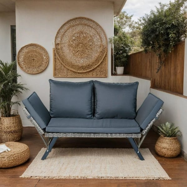 Unbranded 1-Piece Wicker &Metal Outdoor Loveseat with Dark Gray Cushions and Rattan Side Foldable Bench for Patio Backyard Garden