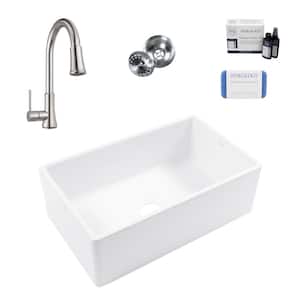 Bradstreet II 30 in. Farmhouse Apron Front Undermount Single Bowl White Fireclay Kitchen Sink with Pfirst Faucet Kit