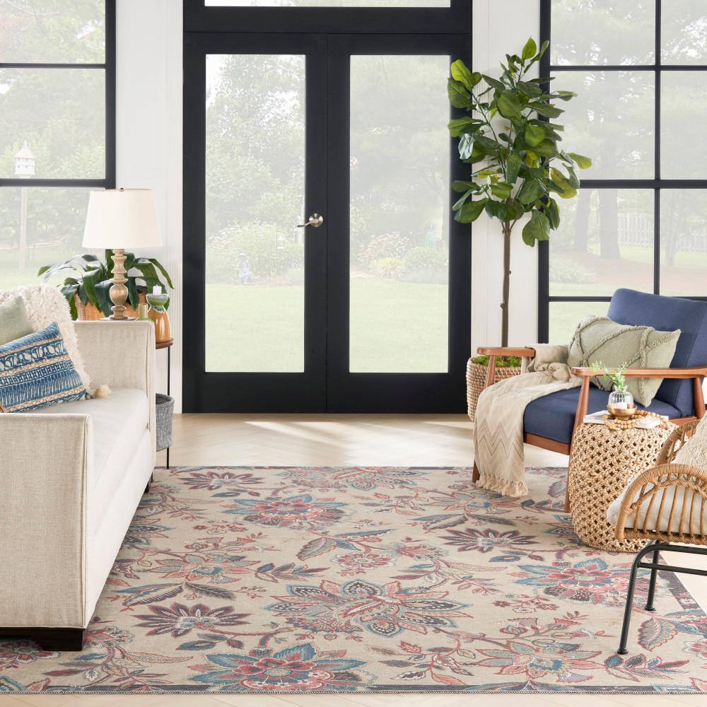 Beige Floral Chenille Rectangular Washable Area Rug