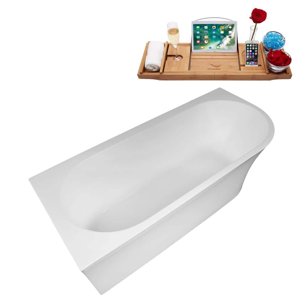 67" Glossy White Acrylic Freestanding Soaking Tub with Tray