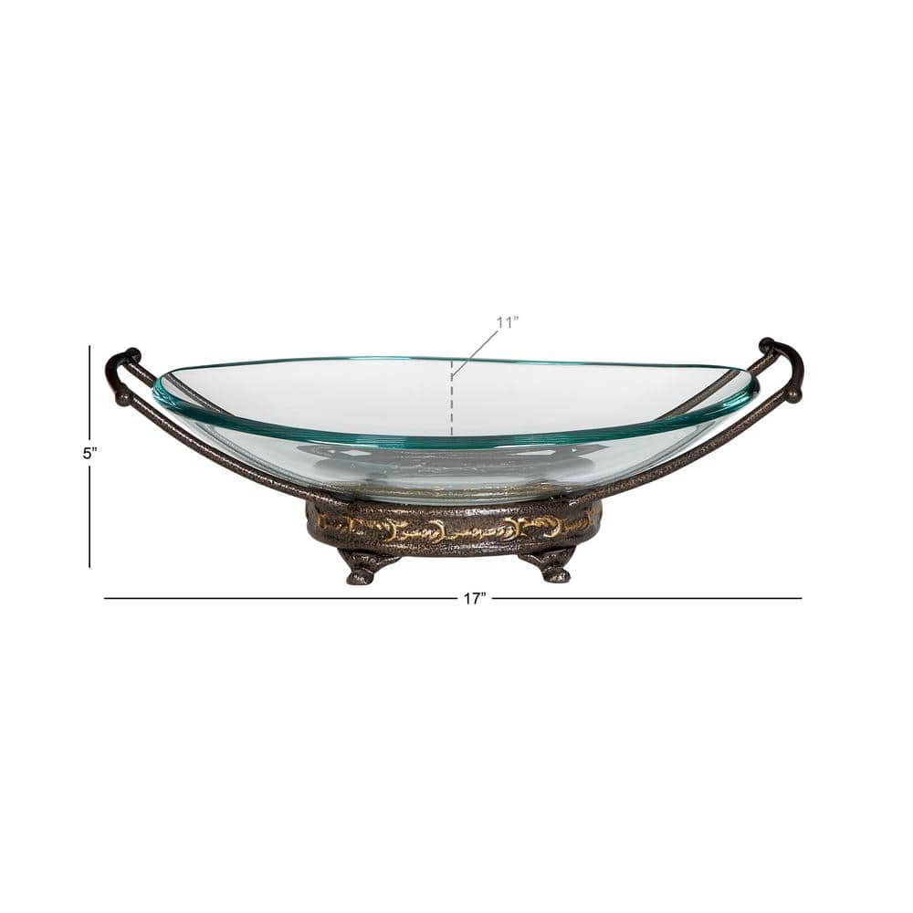 Clear Tempered Glass Elliptical Serving Bowl with Brown Metal Base