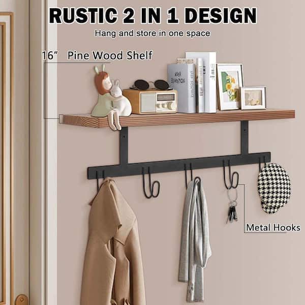 Black Wall Mounted Coat Rack with Wooden Shelf, Heavy Duty Wall