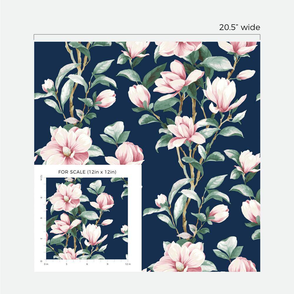 Navy and Blush Floral Vinyl Peel and Stick Wallpaper Roll