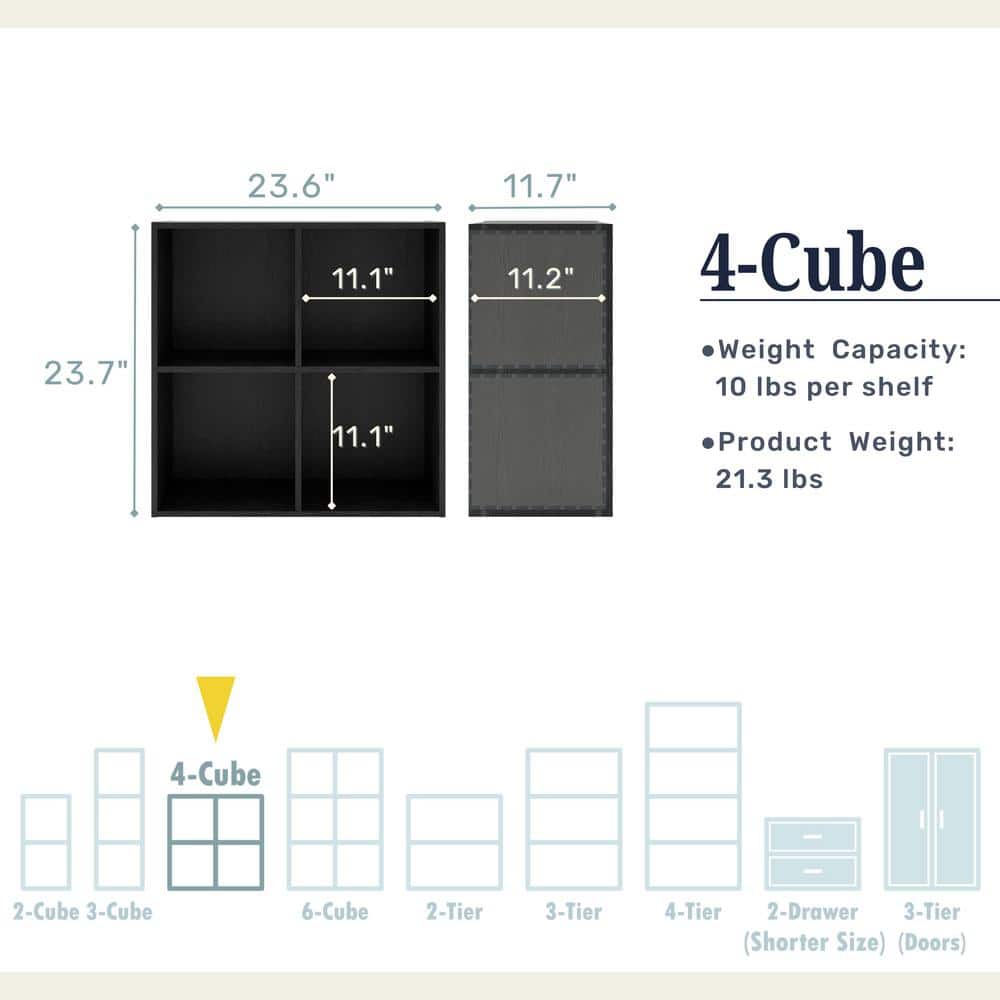 Black 24-Inch Stackable MDF Wood 4-Cube Bookcase