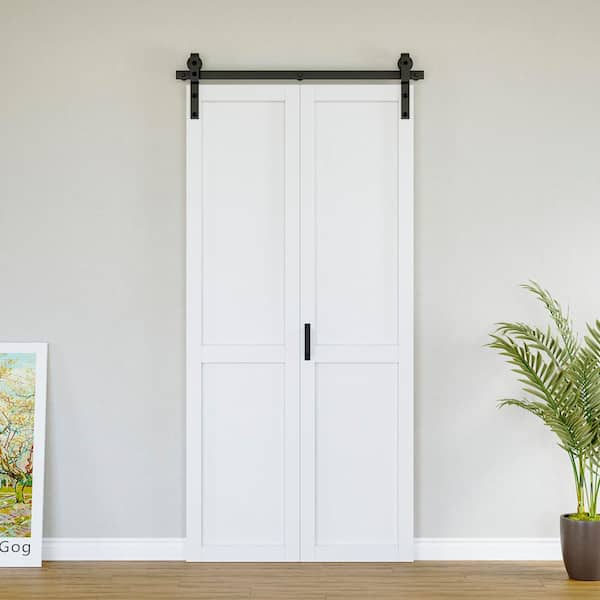 ARK DESIGN 40 in. x 84 in. Solid Core White Primed MDF Wood Paneled H Design Bi-Fold Door Style Barn Door with Hardware