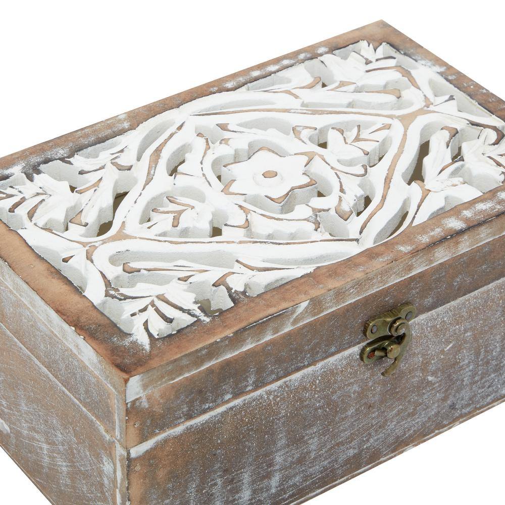 Handmade Brown Mango Wood Floral Decorative Box Set with Hinged Lid