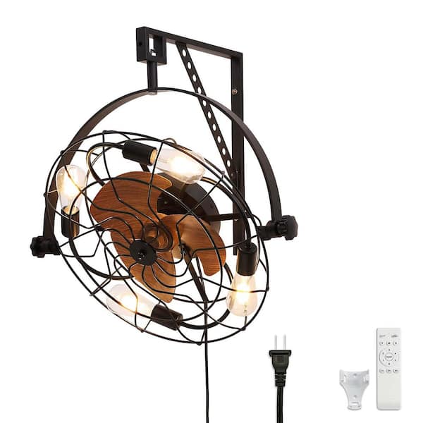 ANTOINE 20 in. Indoor Black Low Profile Ceiling Fan with Light Plug-in Farmhouse Caged Mounted Fan with Remote