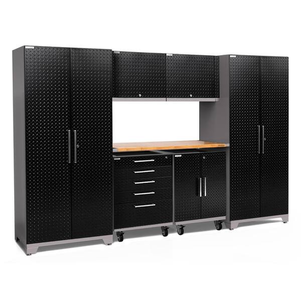 NewAge Products Performance Plus 2.0 Diamond Plate 85.25 in. H x 133 in. W x 24 in. D Steel Garage Cabinet Set in Black (8-Piece)