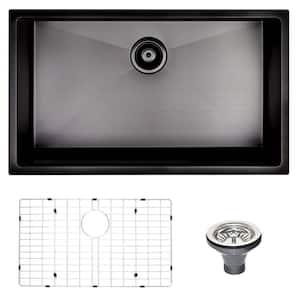 32 in Undermount Single Bowl 18 -Gauge Black Stainless Steel Kitchen Sink with Drain and Bottom Grid