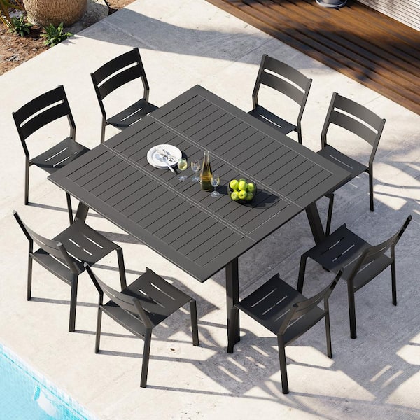 Crestlive Products Dark Gray Expandable Aluminum Outdoor Dining Table with Chairs (Set of 9)