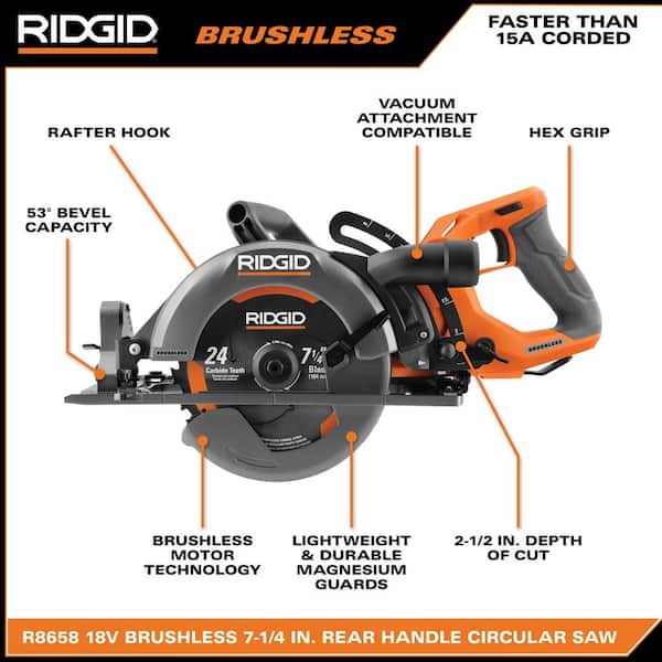 RIDGID 1008045686 18V Brushless Cordless 7-1/4 in. Rear Handle Circular Saw Kit with 8.0 Ah MAX Output Battery, 18V Charger and Bag - 3