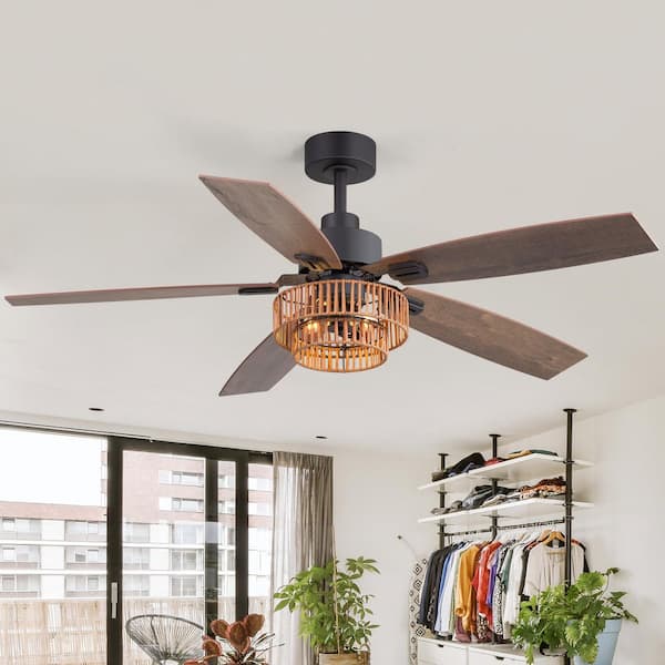 Camacho 52 in. 2-Light Indoor Black Farmhouse Ceiling Fan with Rattan Light Kit and Remote Included