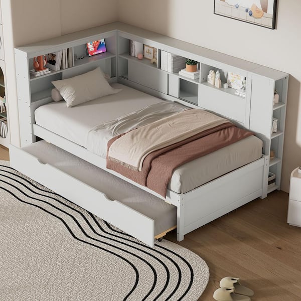 Qualler Wood White Twin Size Daybed with Trundle and USB Charging Station