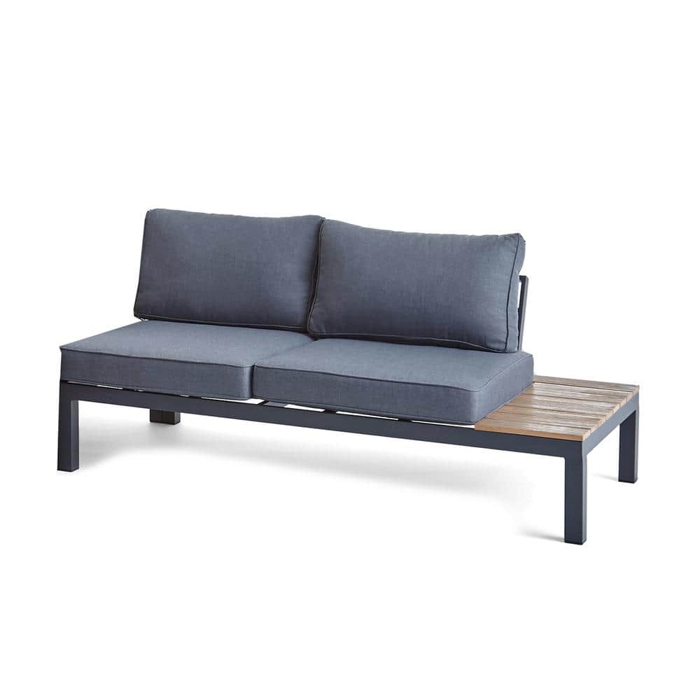 Noble House Tulsa Gray Aluminum Right Arm Outdoor Sectional Bench with Natural Brown Wood
