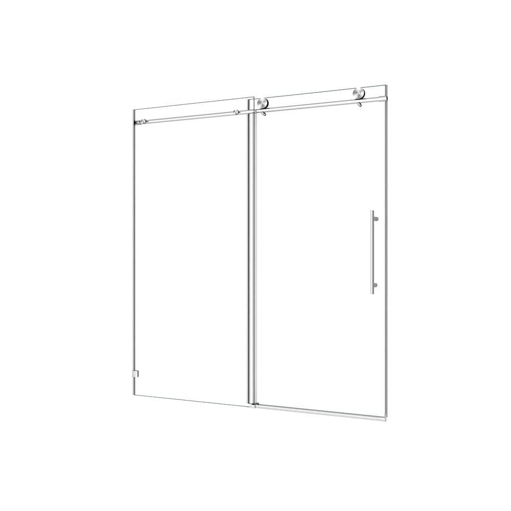 60 in. Frameless Clear Glass Sliding Shower Door in Brushed Nickel