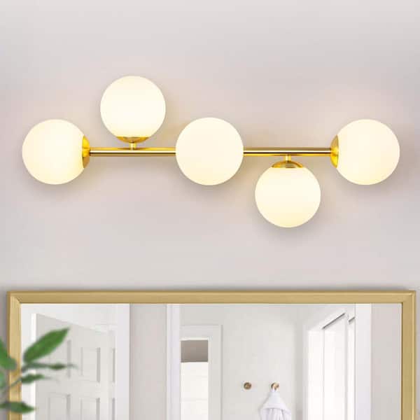 RRTYO Stellar 27 in. 5-Light Gold Modern Chic Linear Globe Vanity Light with Frosted Opal Glass Shade