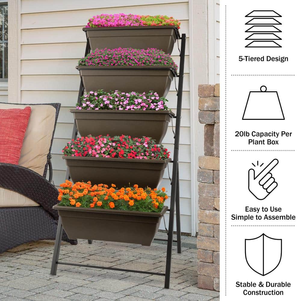 Brown 5-Tier Vertical Outdoor Planter with Steel Frame