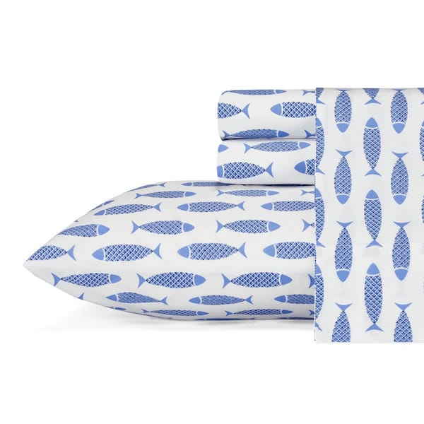 Nautica Woodblock Fish 4-Piece Blue Animal Print 200-Thread Count Cotton Full Sheet Set