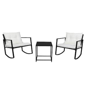 Black 3-Piece Wicker Outdoor Bistro Set Rocking Chairs with Washed White Cushion