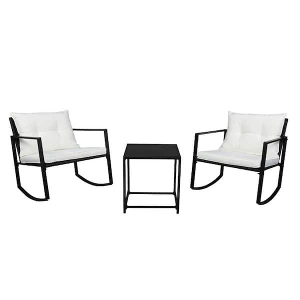 Karl home Black 3-Piece Wicker Outdoor Bistro Set Rocking Chairs with Washed White Cushion