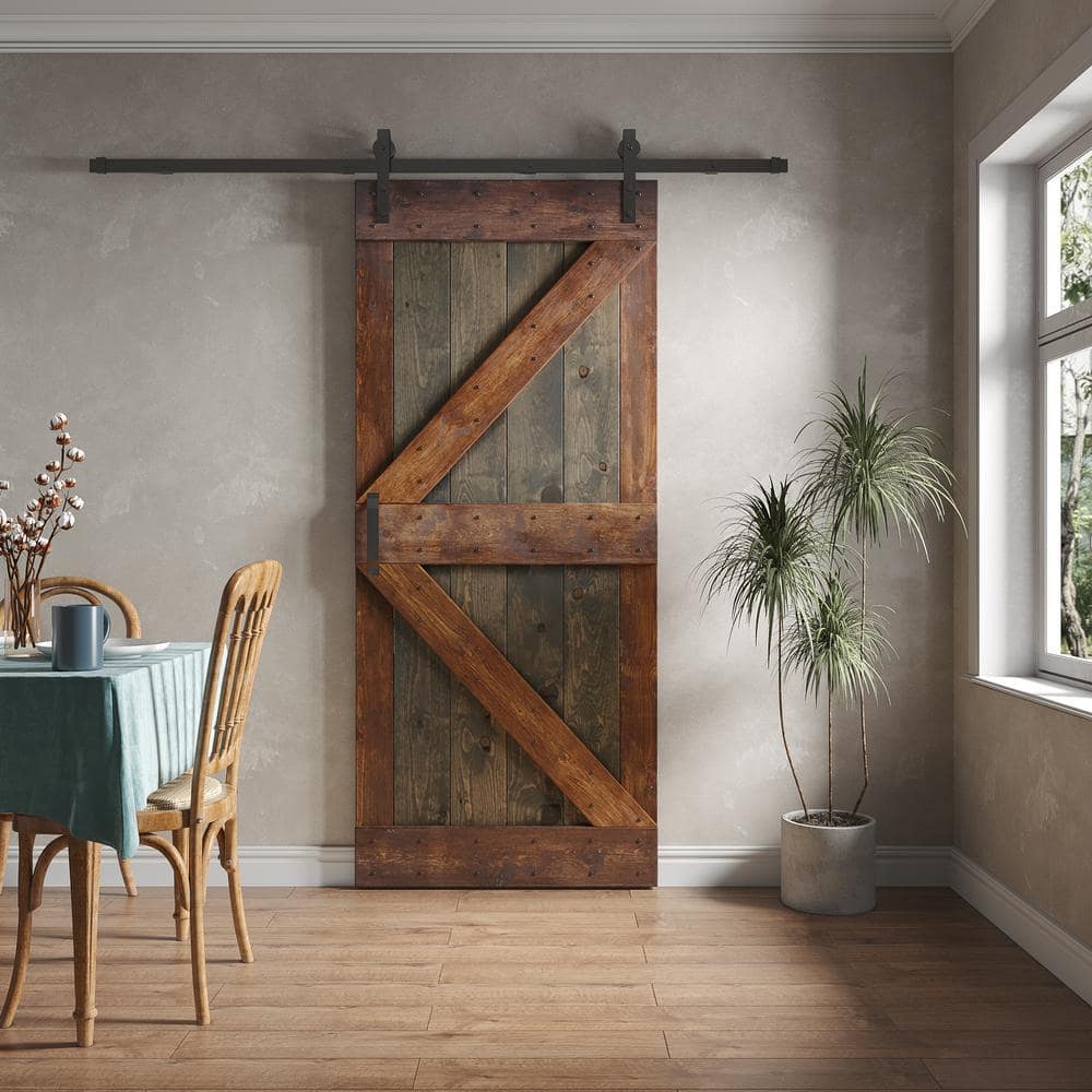 Aged Barrel Dark Walnut Pine Wood Sliding Barn Door with Hardware Kit