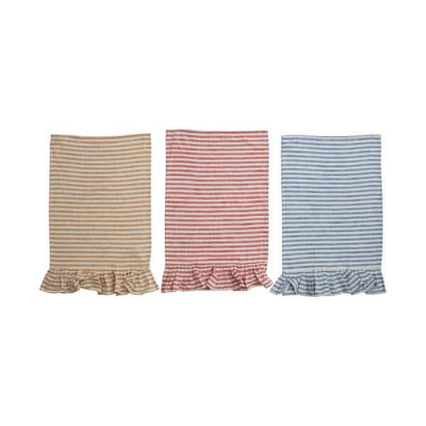 Storied Home Multi Striped Cotton Tea Towel with Ruffle (Set of 3 Colors)