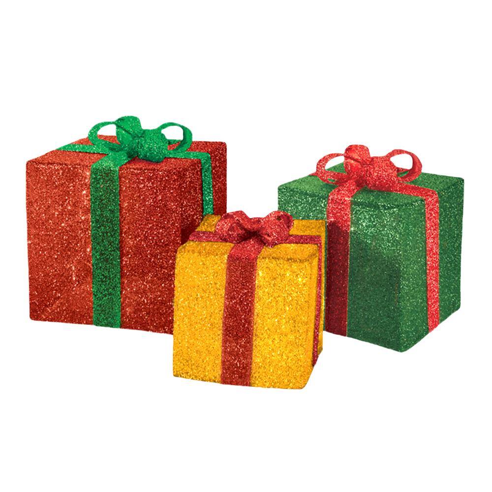 Set of Three Red, Gold, Green LED Tinsel Presents