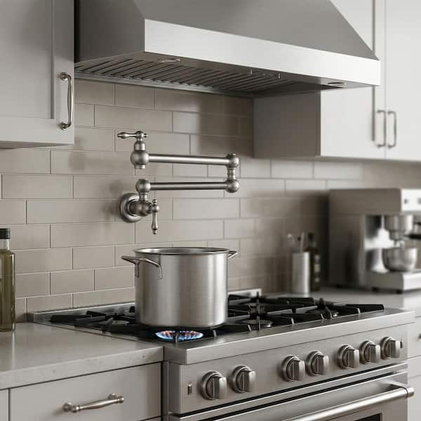 Wall Mount Pot Filler with Double Handle in Brushed Nickel