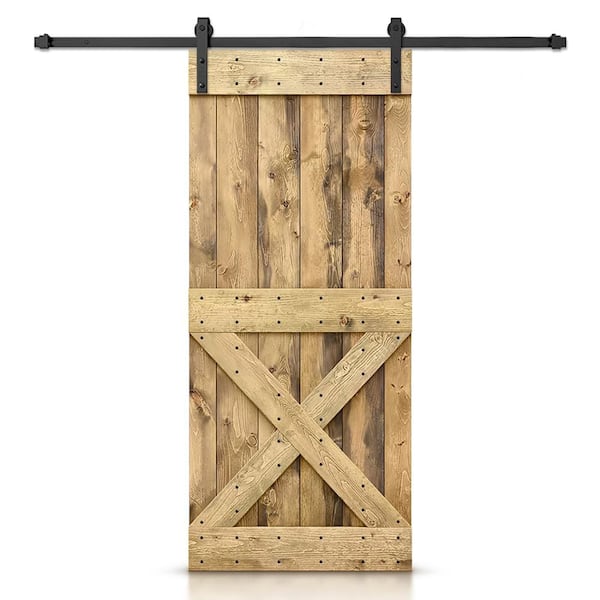 CALHOME 32 in. x 84 in. Distressed Mini X Series Weather Oak Stained DIY Wood Interior Sliding Barn Door with Hardware Kit