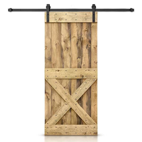 CALHOME 28 in. x 84 in. Distressed Mini X Series Weather Oak Stained DIY Wood Interior Sliding Barn Door with Hardware Kit