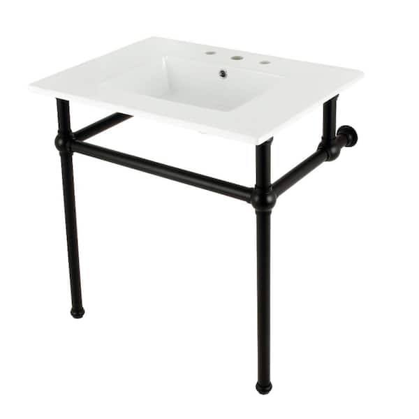 Kingston Brass Fauceture 31 in. Ceramic Console Sink Set with Brass Legs in White/Matte Black