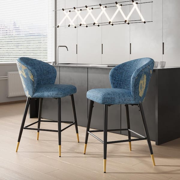 CHRISTOPHER KNIGHT HOME Kaedros 28 in. Upholstered Wingback Bar Stools with Footrest, Powder Coated Iron, Floral + Black + Blue