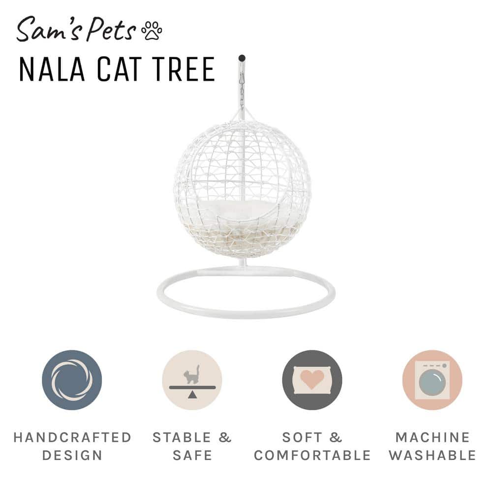 Medium White Rattan Hanging Egg Cat Bed