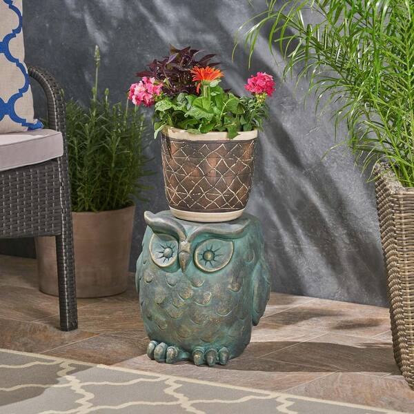 Unbranded Antique Green Magnesium Oxide Owl Garden Stool Outdoor Side Table Planter Stand Garden Yard Statue