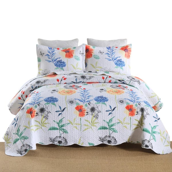 BY209 Printed White Floral Queen Polyester Quilt Bedspread Set